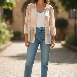 Vintage EUC Womens FINALE Sz. M Off-white/Orange Floral Long Sleeve Sheer Blouse